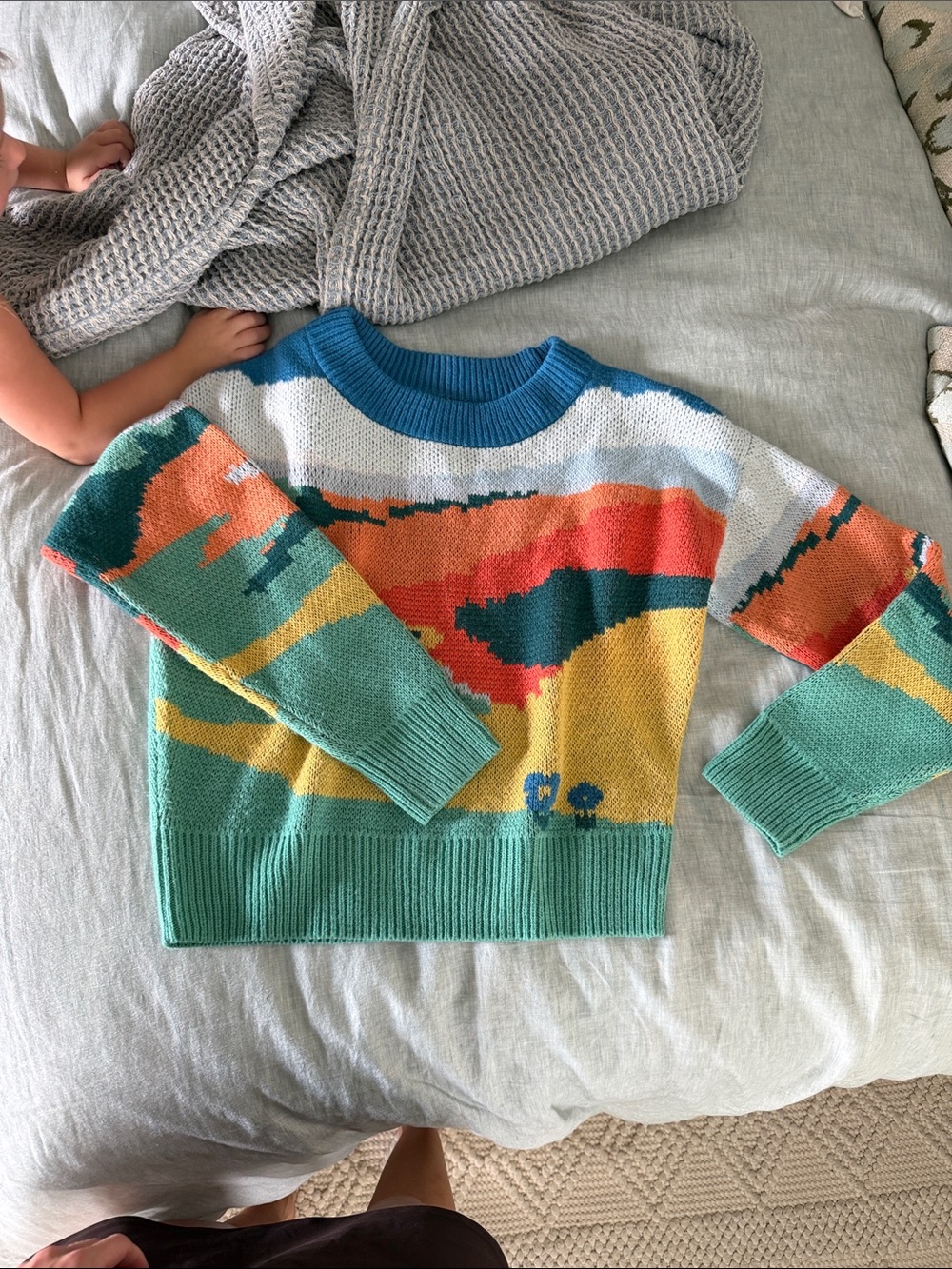 wild fable Colorblock Scenic Crewneck Sweater in Teal, Coral, Yellow and Cream